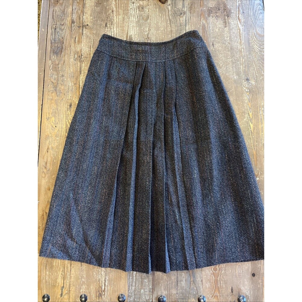 Vintage Wool Lined Brown Tweed Pleated Midi Skirt Women’s Size 12 USA Union Made